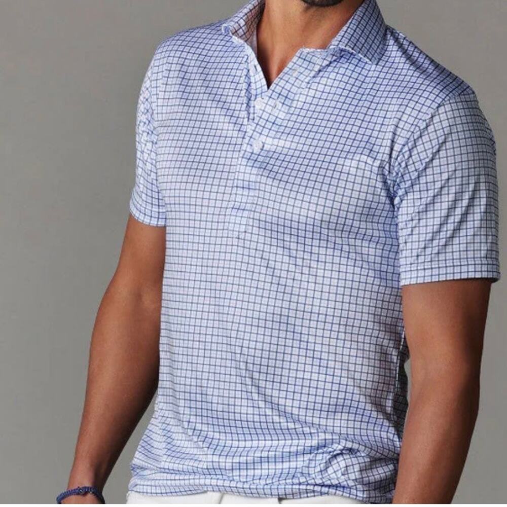 Collars & Co Plaid Semi Spread Collar Polo Shirt Men's 2XL Relaxed Blue